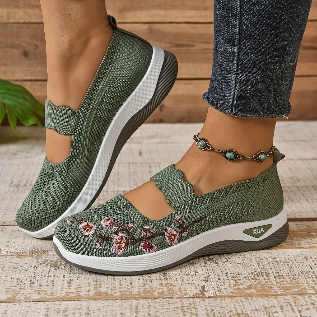 Chaussures décontractées femme confort avec broderie florale et bride élastique – Style marche et loisirs