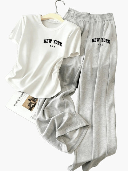 Ensemble décontracté pour femme, t-shirt à manches courtes et pantalon large, style lounge chic