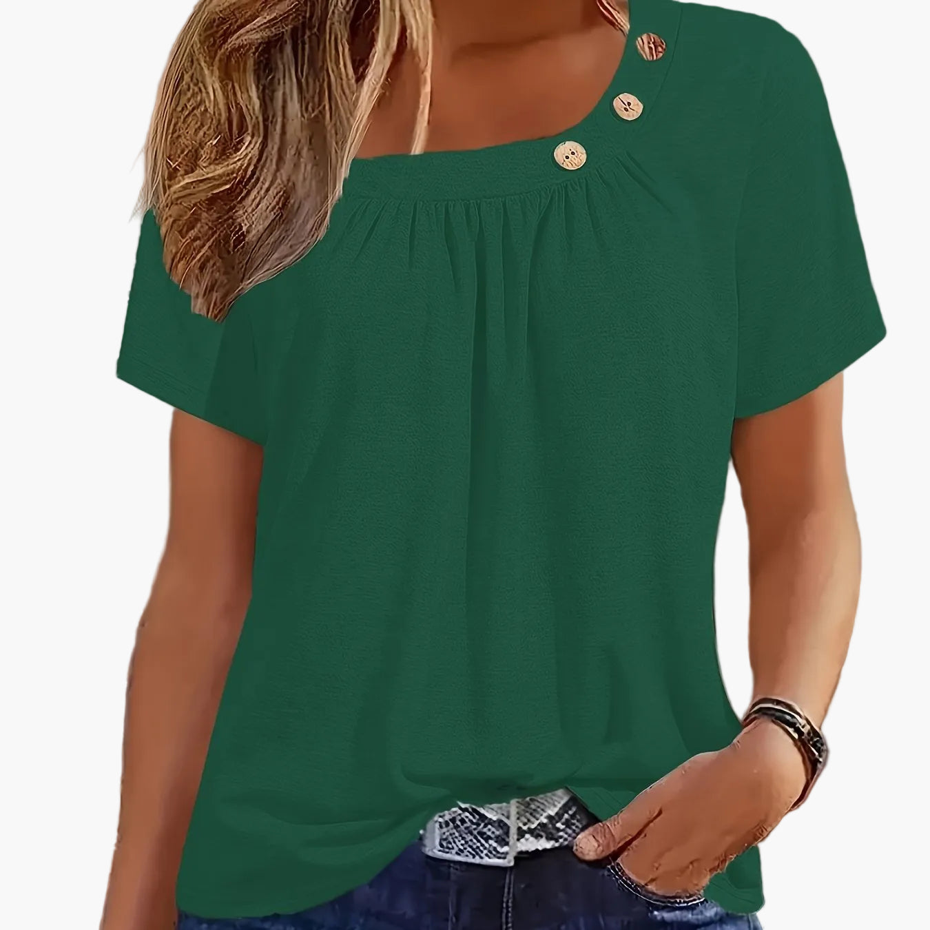 T-shirt femme col asymétrique à boutons style décontracté chic pour loisirs ou sorties