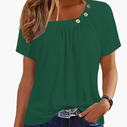 T-shirt femme col asymétrique à boutons style décontracté chic pour loisirs ou sorties