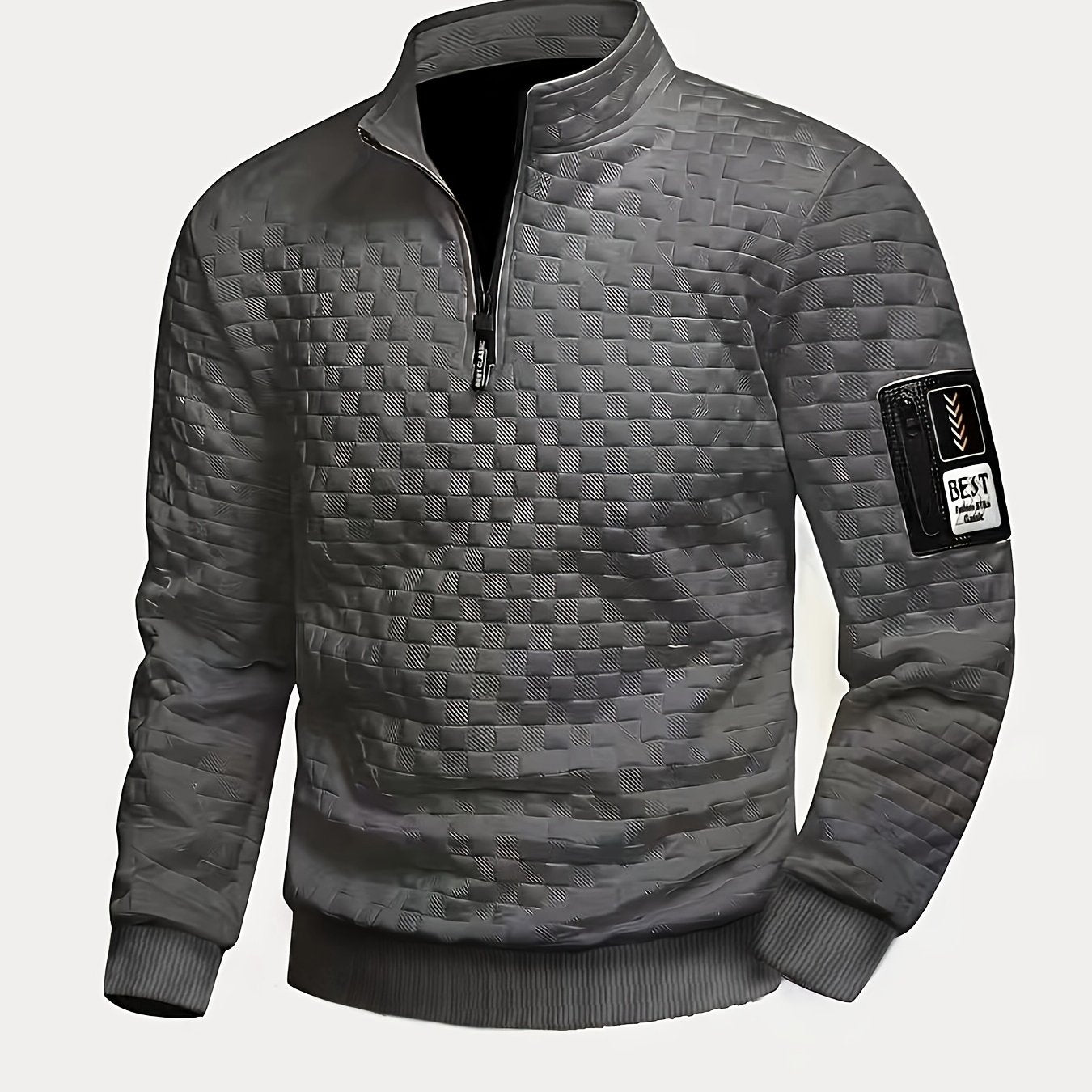 Pull homme matelassé motif géométrique avec col montant zippé et patch manche