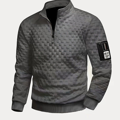 Pull homme matelassé motif géométrique avec col montant zippé et patch manche
