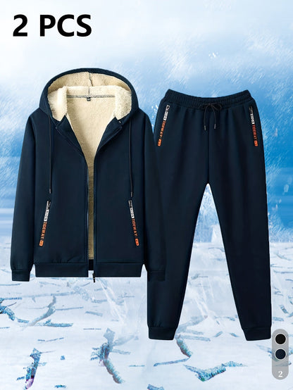 Ensemble Survêtement Homme Capuche Doublure Sherpa Hiver Chaud Bleu Marine