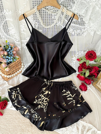 Pyjama Femme Style Élégant Décontracté à Bretelles Imprimé Fleuri – Ensemble Haut et Short d'Été