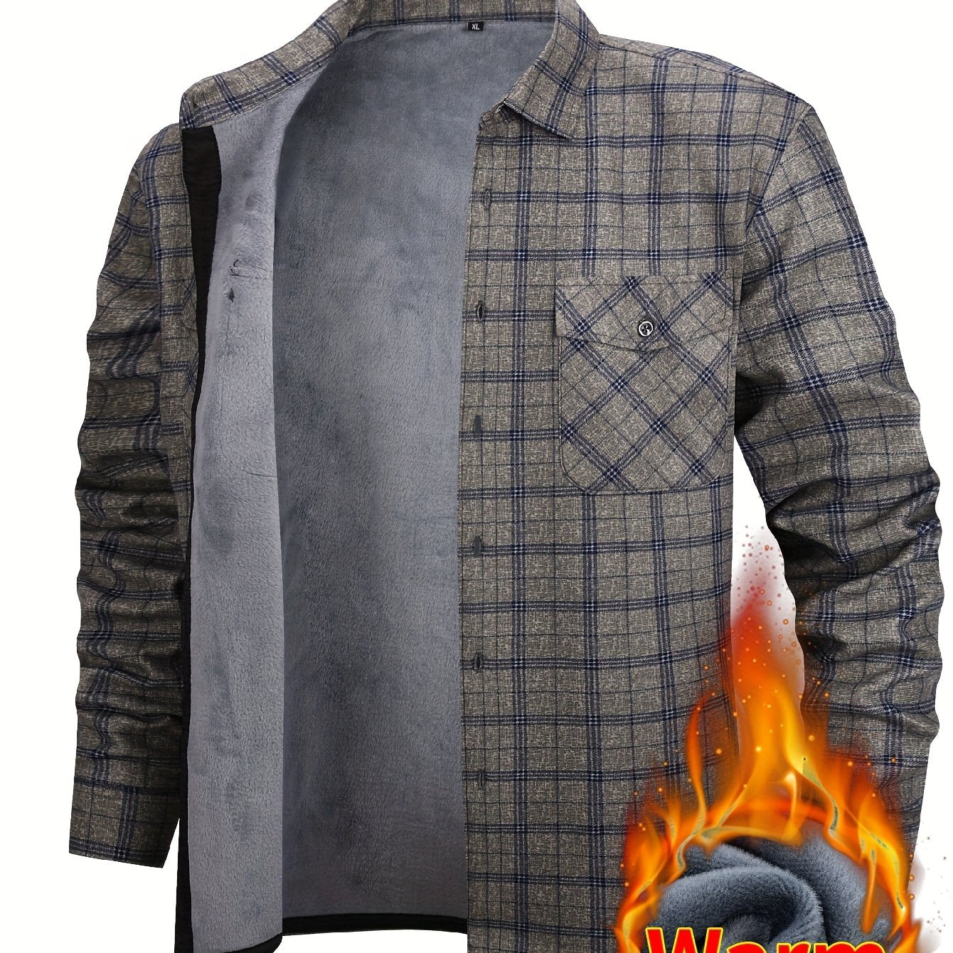 Men's Fleece-Lined Plaid Button-Up Shirt Jacket