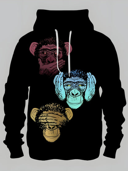 Sweat à capuche noir unisexe motif singes de la sagesse imprimés