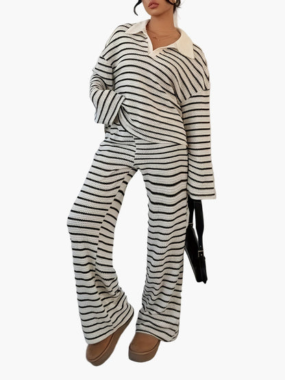 Elegantes Damen-Set mit weitem gestreiftem Pullover und weiter Hose, lässiger Stil für Herbst und Winter