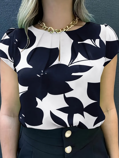 Elegant blus för kvinnor med abstrakt mönster, korta ärmar, chic stil för kontoret och utflykter