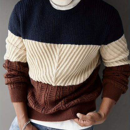 Pull homme tricoté à rayures color block bleu marine, beige et marron