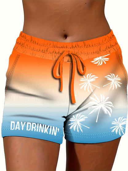 Damen-Freizeithose im Urlaubsstil mit Palmenmuster und Aufschrift „DAY DRINKIN'“ – ideal für Sommer und Freizeit