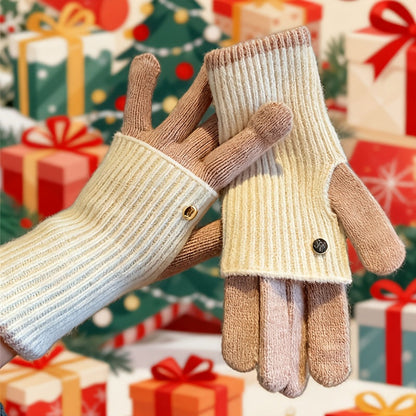 Gants tricotés bicolores convertibles avec mitaines rabattables pour femme