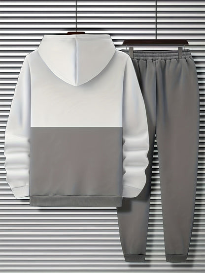 Ensemble Survêtement Homme Bicolore à Capuche et Bandes Horizontales Gris et Noir