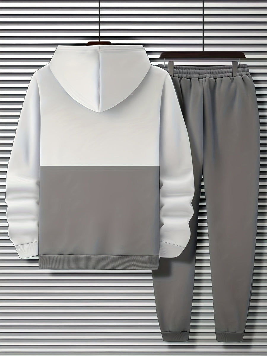 Ensemble Survêtement Homme Bicolore à Capuche et Bandes Horizontales Gris et Noir