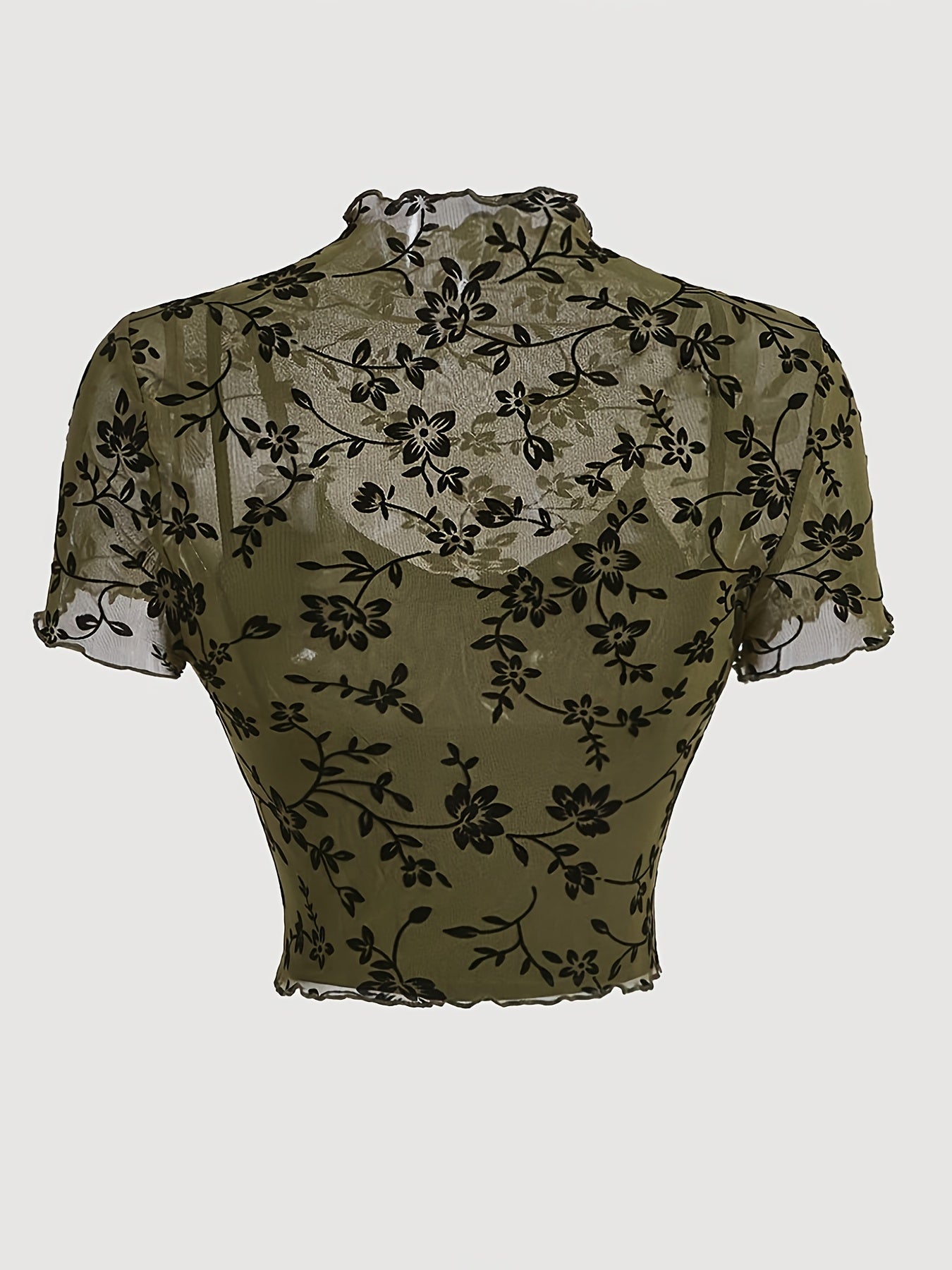 Top donna stile elegante con stampa floreale trasparente e collo alto