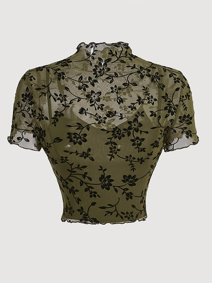 Top donna stile elegante con stampa floreale trasparente e collo alto