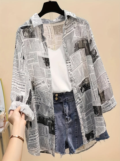 Chemise Femme Style Journal Imprimé avec Débardeur et Short Taille Haute, Tendance Urbaine Casual