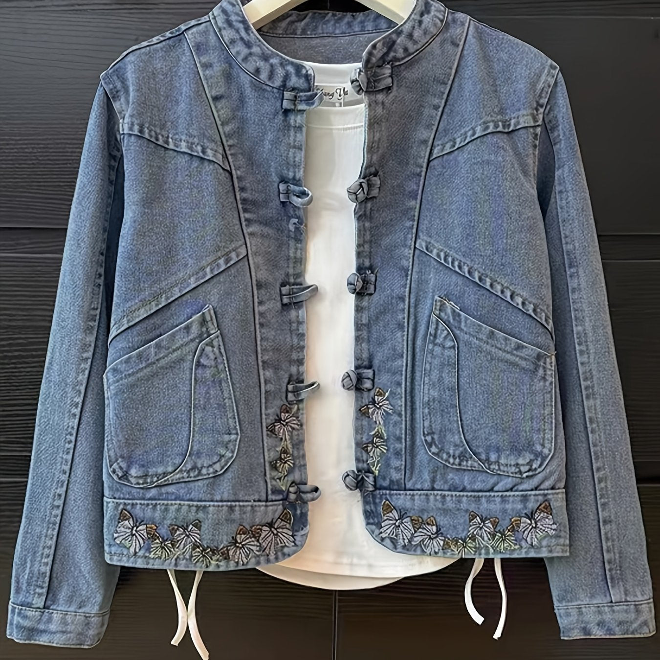 Veste en Jean Femme Col Mandarin Boutons Brandebourg Broderie Papillons