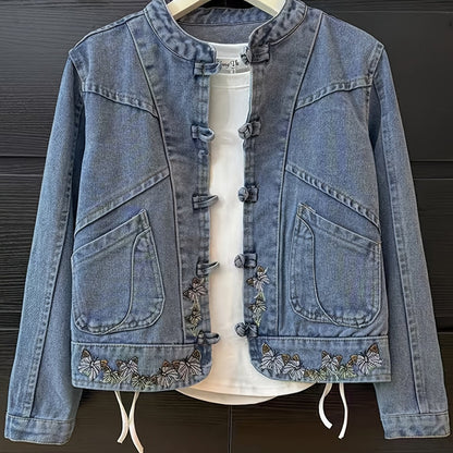 Veste en Jean Femme Col Mandarin Boutons Brandebourg Broderie Papillons