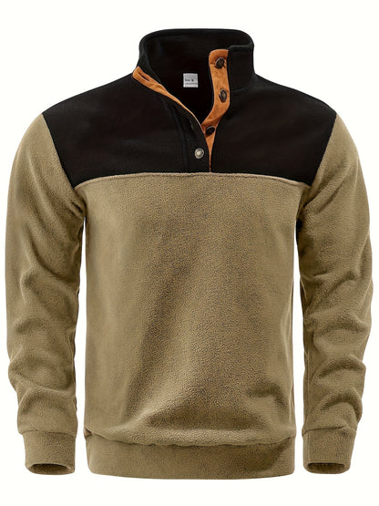 Pull Homme en Polaire Bicolore avec Col Montant et Boutons à Pression