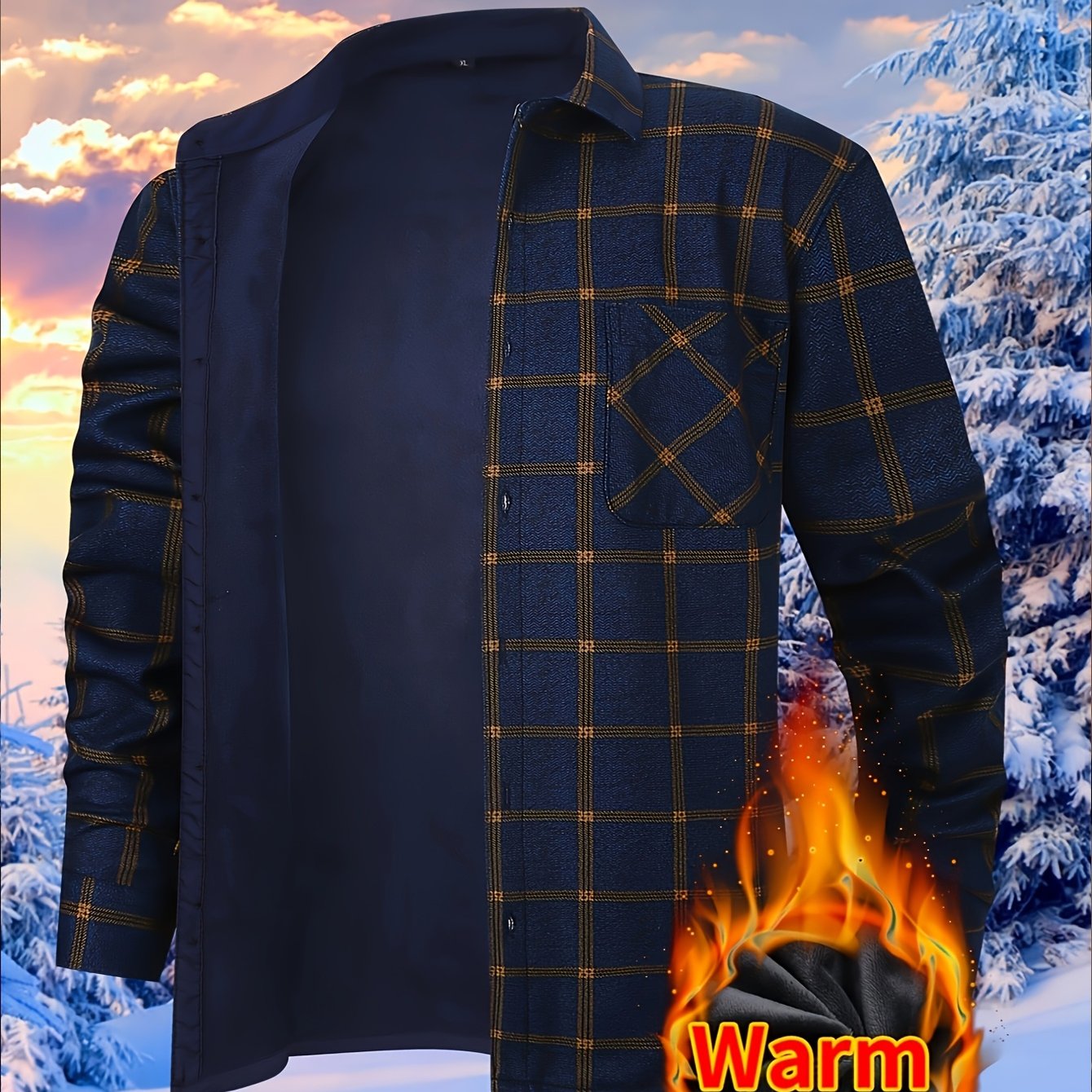 Men's Fleece-Lined Plaid Button-Up Shirt Jacket