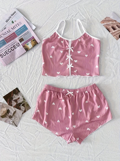 Pyjama d'été femme deux pièces style mignon à cœurs, ensemble débardeur et short, confortable pour la nuit