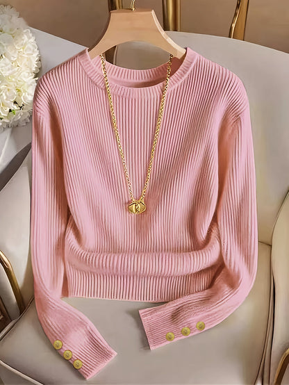 Pull femme marron côtelé col rond manches longues à boutons dorés