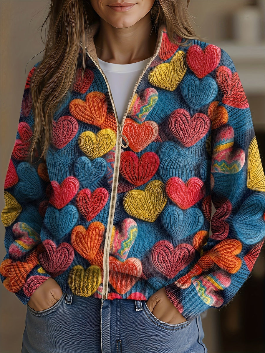 Women's Zip Jacket with Multicolored Heart Print
