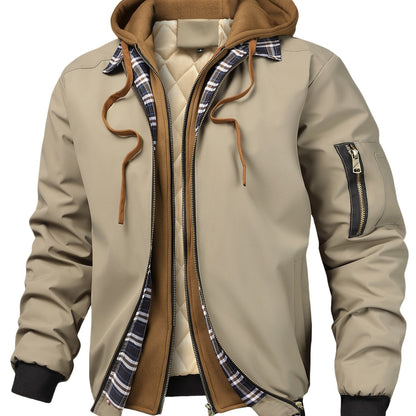 Veste homme style bombardier avec capuche et doublure matelassée amovible, beige