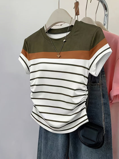 T-shirt pour femme style décontracté à rayures et fronces, manches courtes, col rond, tendance été