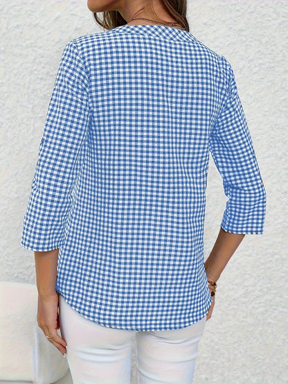 Lässige Damenbluse mit Karomuster, schicker Alltagsstil, hochgekrempelte Ärmel, V-Ausschnitt  