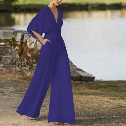 Sara – Salopette Donna Scollo a V Vita Alta Gambe Larghe