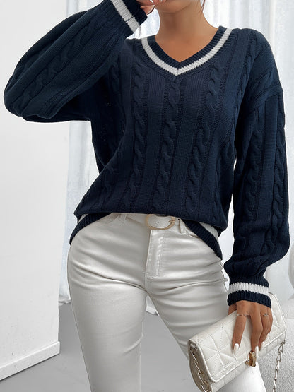 Pull col V torsadé rayé pour femme - Manches longues bouffantes