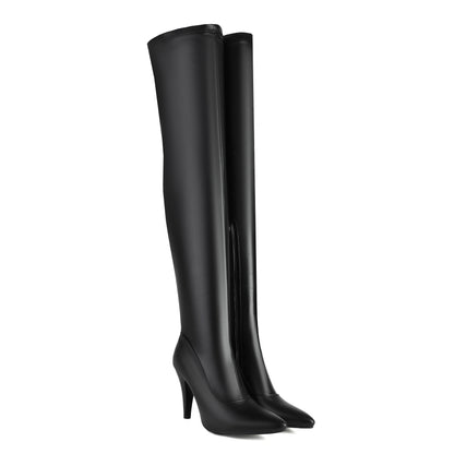 Bottes Noires Montantes Cuissardes à Talon Aiguille et Bout Pointu pour Femme