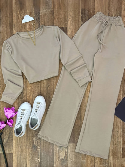 Ensemble Femme Crème Crop Top Manches Longues et Pantalon Large Élastique