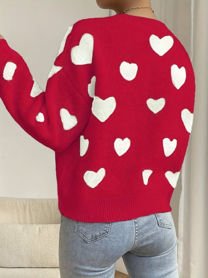 Pull col rond ample en maille blanc avec cœurs beiges
