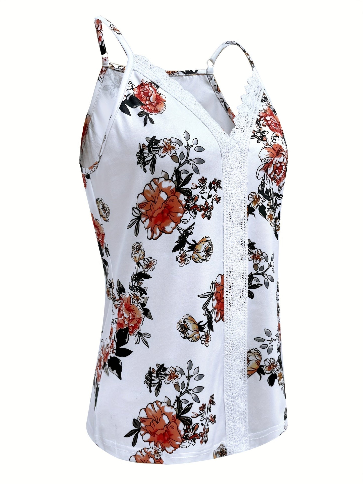 Top donna stile sexy con spalline sottili, motivo floreale e pizzo – ideale per l’estate e i momenti casual