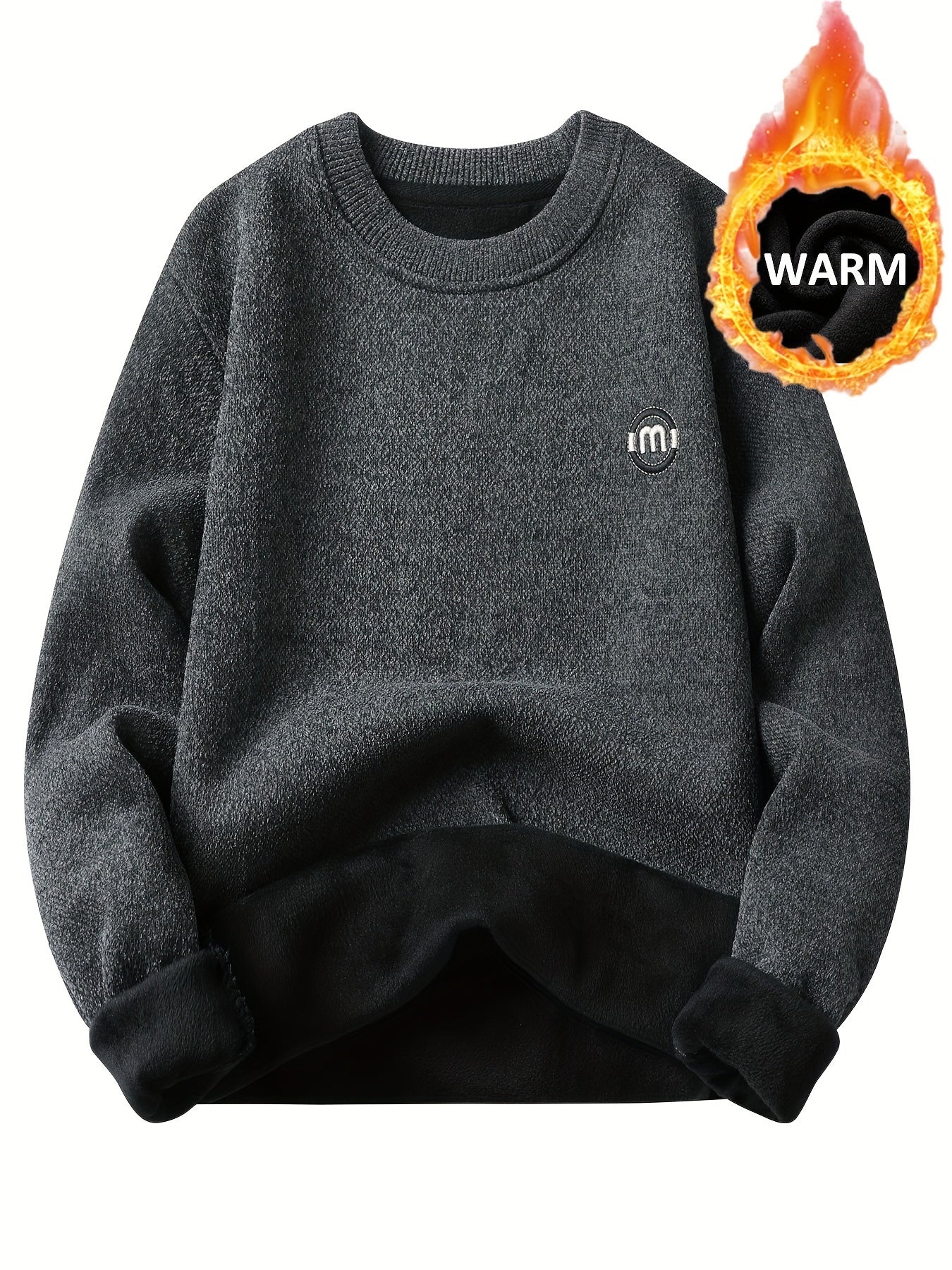 Sweat-shirt polaire homme à col rond, doublure chaude et côtelée, pull uni décontracté