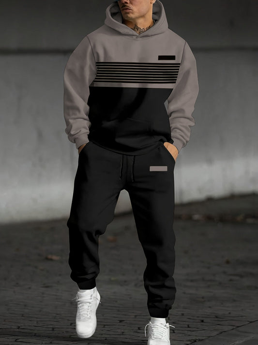 Ensemble Survêtement Homme Bicolore à Capuche et Bandes Horizontales Gris et Noir