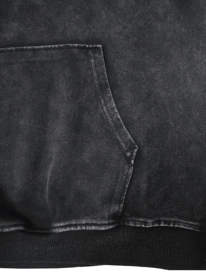 Sweat à Capuche Unisexe Gris Foncé Délavé avec Poche Kangourou