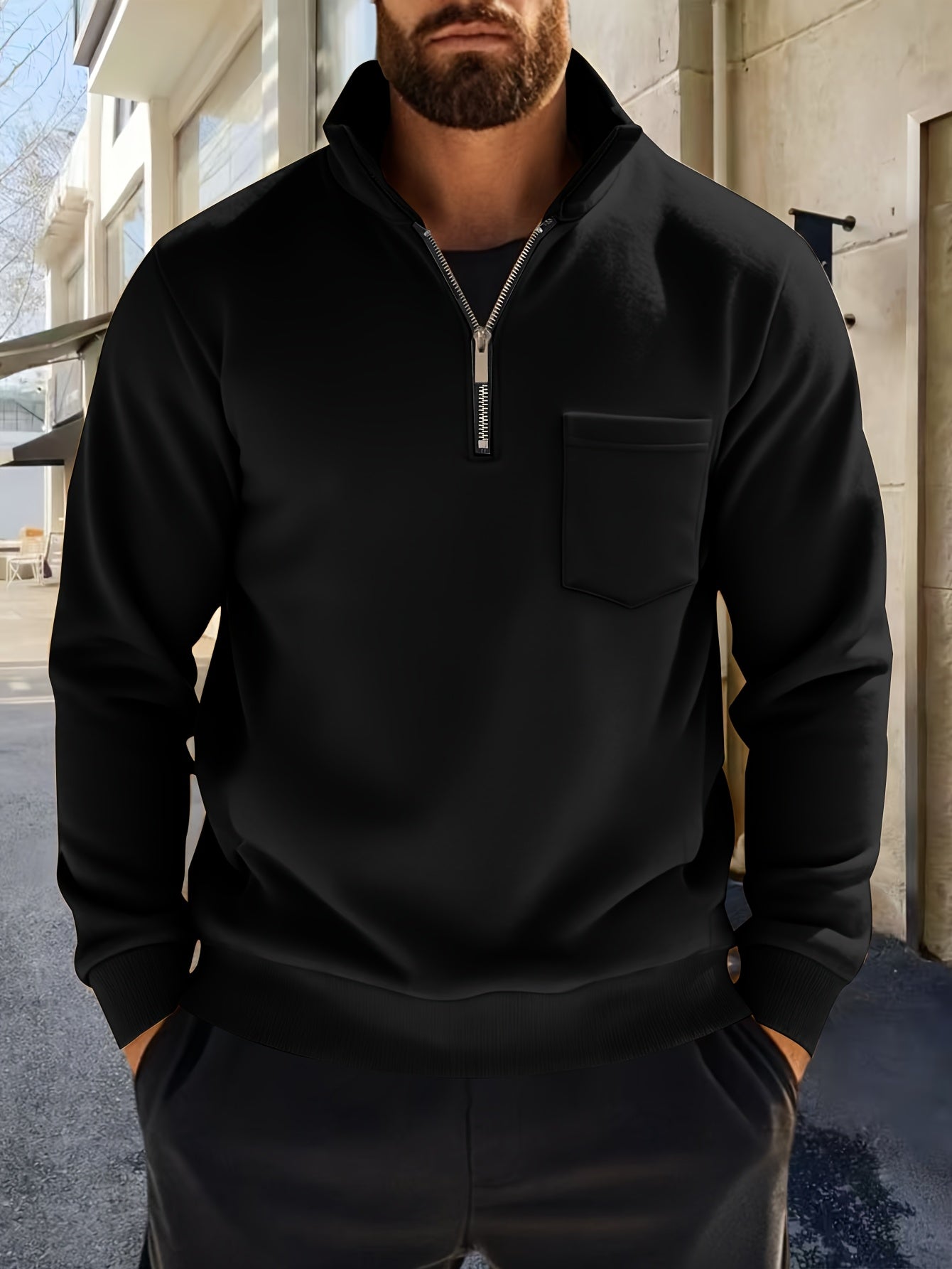 Sweat-shirt Homme Col Montant Zippé avec Poche Poitrine Couleur Unie