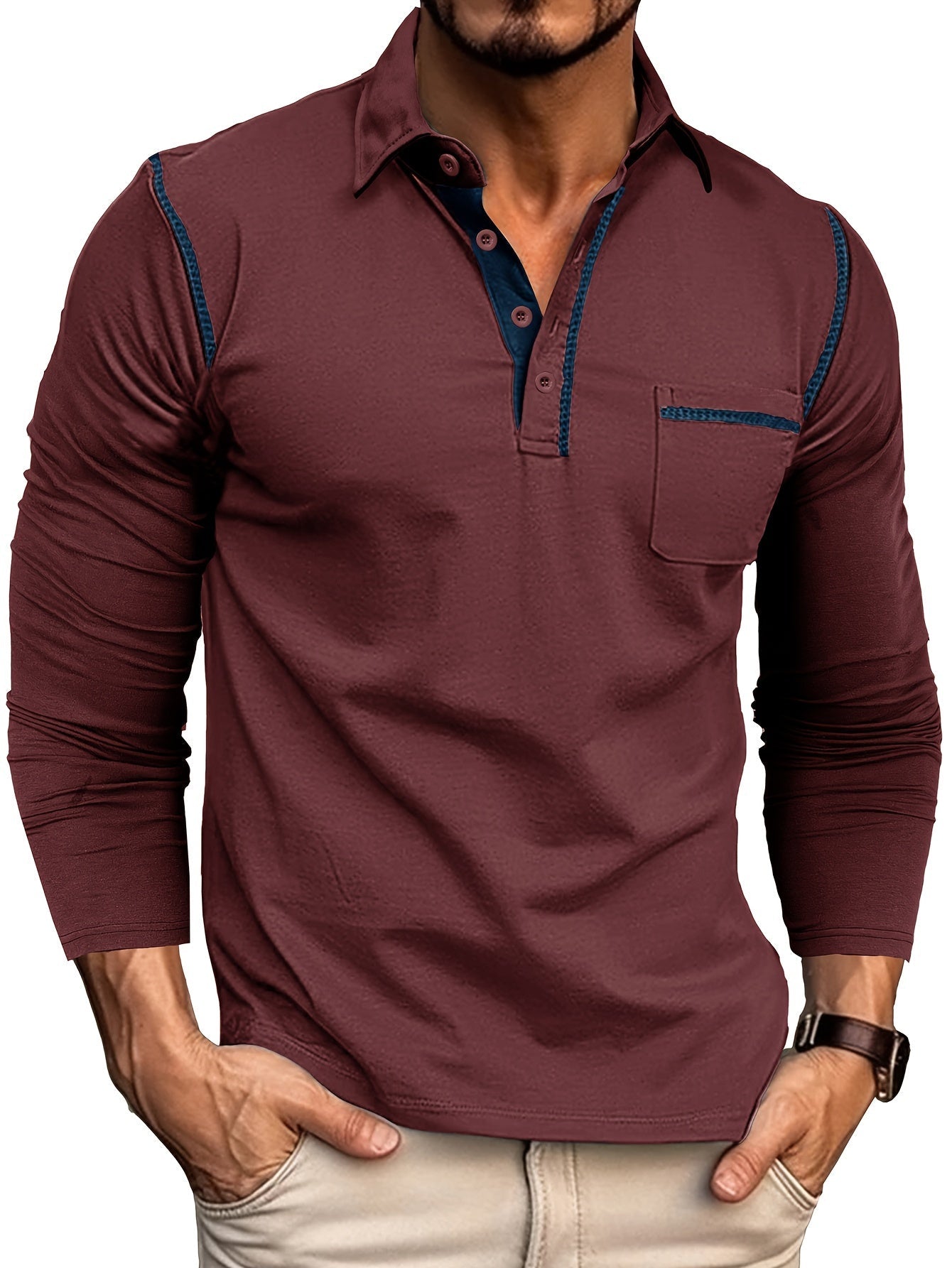 Polo Homme Manches Longues à Col Relevé avec Patte de Boutons et Poches Poitrine Décoratives