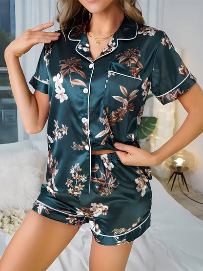 Pyjama court femme style élégant à fleurs – Ensemble chemise et short pour nuit et détente