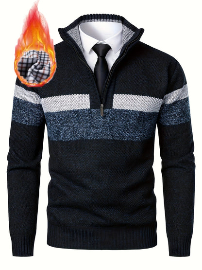 Pull homme tricoté à rayures, col montant zippé, doublure polaire beige et marron