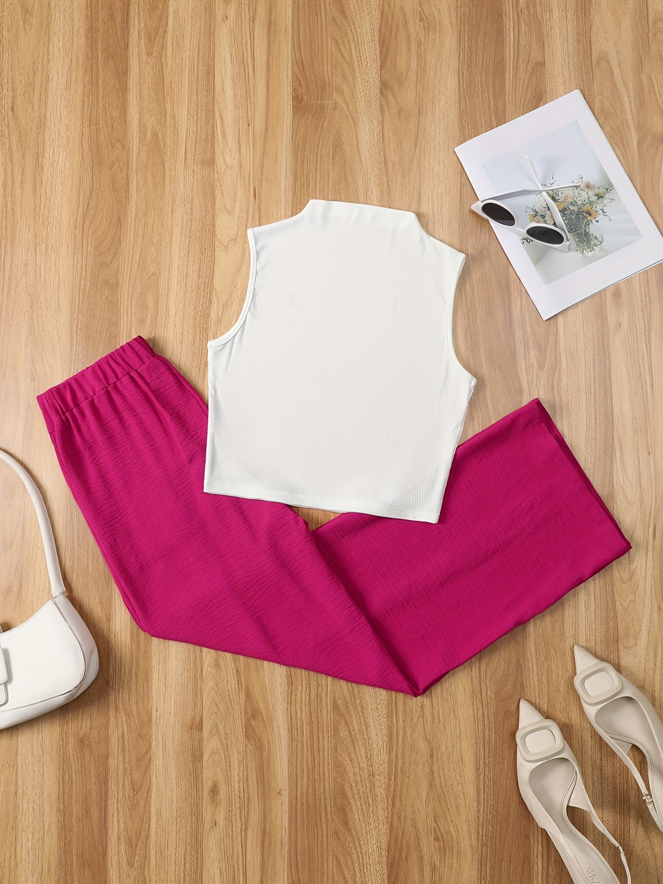 Ensemble élégant femme – Débardeur sans manches et pantalon taille haute – Idéal printemps/été
