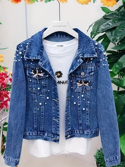 Veste en jean femme bleue brodée de perles et ornements