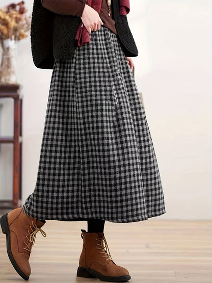 Jupe longue à carreaux noir et gris coupe évasée pour femme
