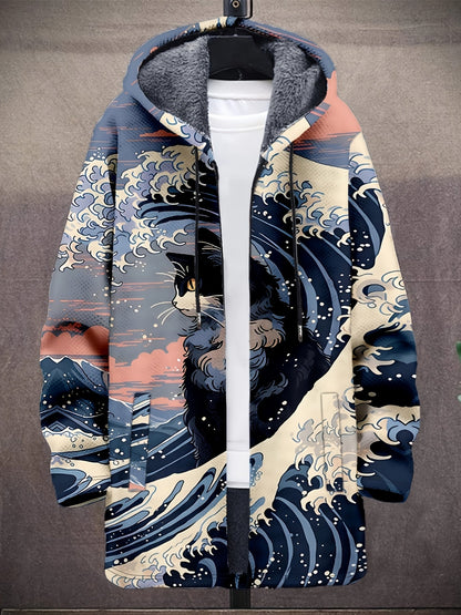 Manteau à capuche doublé en polaire imprimé fantaisie pour homme, fermeture éclair, motif vagues ou animaux