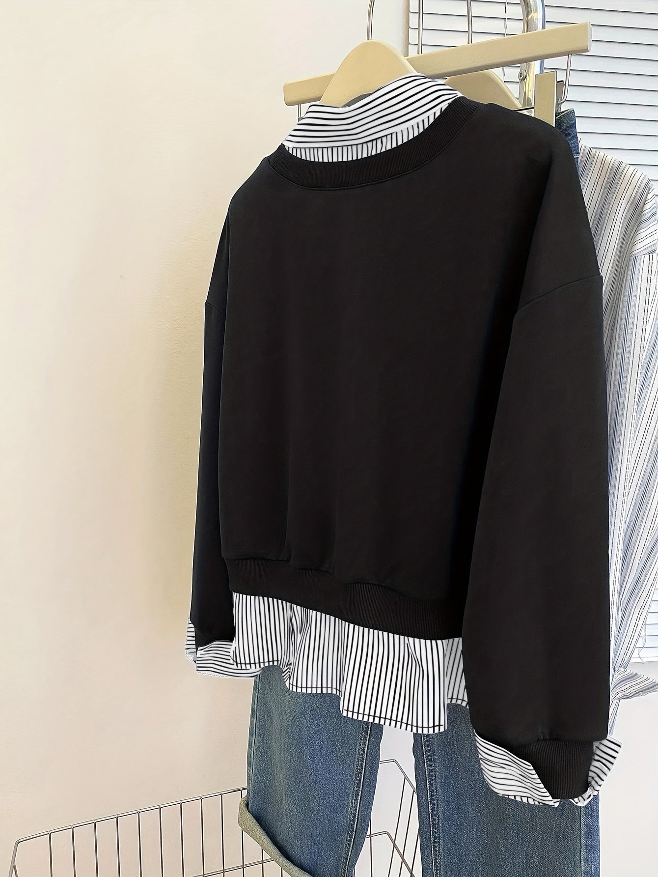 Sweat-shirt Femme à Superposition Chemise Rayée Col Classique