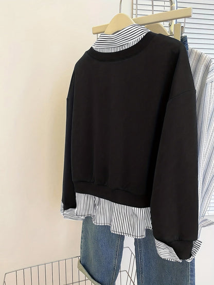 Sweat-shirt Femme à Superposition Chemise Rayée Col Classique
