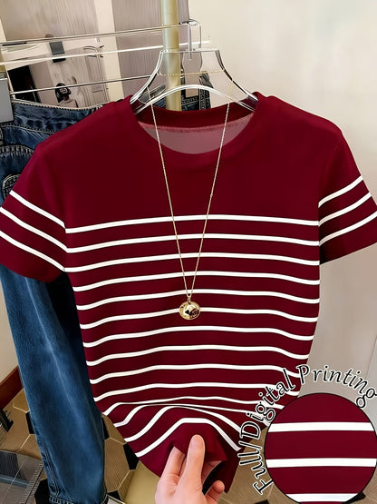 T-shirt pour femme style décontracté à rayures et fronces, manches courtes, col rond, tendance été